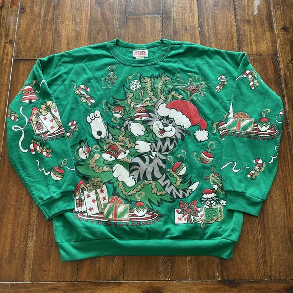 Vintage Nutcracker Christmas Sweater Mens Large Cat Tree Santa Pullover 90s - Picture 3 of 14